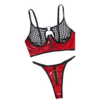 Mesh Sexy Patent Leather Women's Underwear Gathering With Steel Ring For Fun Two Piece Set - Black And Red - M