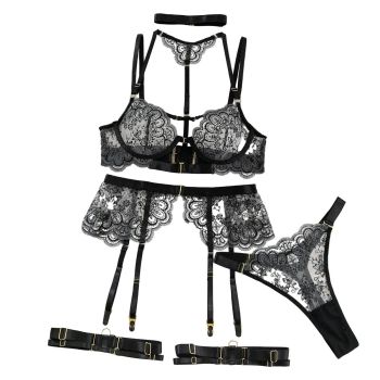 House Of Dasein Heavy Embroidery Metal Buckle Strap Sexy Lingerie Set For Women Transparent Shaping Front Button Five Piece - Apricot Base Black - Xl