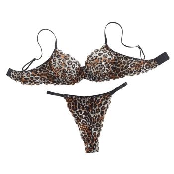 House Of Dasein Sexy Leopard Print Pure Desire Style Thin Underwear Large Chest Minimizer Push Up Bra And Thong Set - Leopard Print - S