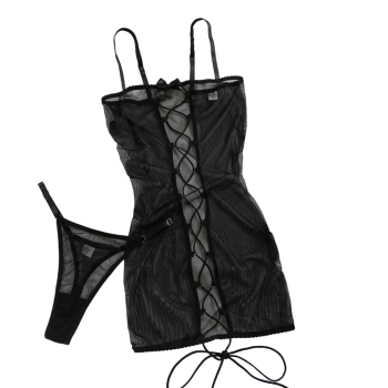 House Of Dasein Leopard Print Strapless Dress Women's Sexy Tie Hollow Temptation Slimming Erotic Lingerie Set - Black - L