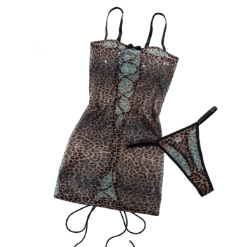 House Of Dasein Leopard Print Strapless Dress Women's Sexy Tie Hollow Temptation Slimming Erotic Lingerie Set - Leopard Print - M