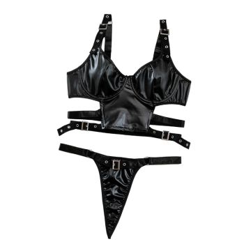 House Of Dasein Nightclub Spicy Girl Pu Motorcycle Sexy Leather Vest Underwear Uniform Temptation Erotic Set For Women - Black - L