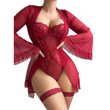 House Of Dasein Lace One Piece Sleepwear Flare Sleeve Sexy Belted Lingerie Set With Stockings For Women - Wine Red - M