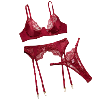 House Of Dasein Sexy Embroidered Lace Bra Underwear Hollow Out Three Piece Backless Women's Lingerie With Silk Stockings - Wine Red - M