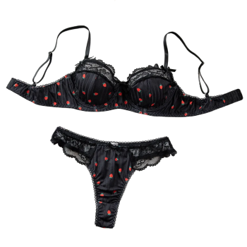 Printed Lace Bra Set With Steel Ring Gathering Bowknot Erotic Underwear - Black - Xl