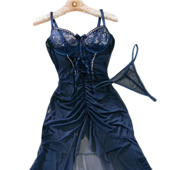 House Of Dasein Cross Border Sexy Lace Transparent Temptation Ultra Thin Mesh Dress And Thong Set - Navy Blue - L