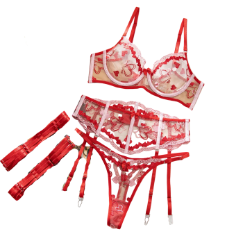 House Of Dasein Sexy Cupid Contrast Heart Embroidery Mesh Boned Waist Bow Women's Lingerie - Red - S