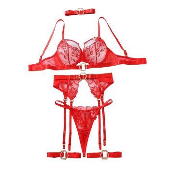 House Of Dasein Metal Buckle Embroidery Mesh Splicing Heavy Duty Erotic Lingerie Five Piece Set - Red - L