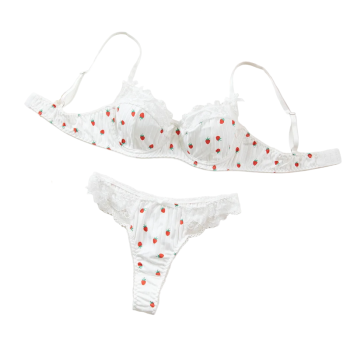 Printed Lace Bra Set With Steel Ring Gathering Bowknot Erotic Underwear - White - S