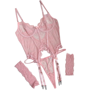 House Of Dasein Lace Trimmed Cute And Sexy Spliced Sheer Fitted Bra Lingerie Set - Pink - S