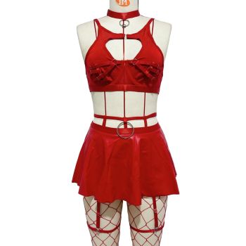 House Of Dasein Lace Sexy Lingerie Set Bra Solid Color Leather Skirt With Fishnet Stockings Women's - Red - M