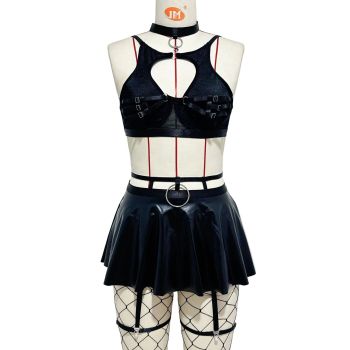 House Of Dasein Lace Sexy Lingerie Set Bra Solid Color Leather Skirt With Fishnet Stockings Women's - Black - M