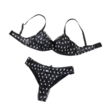 House Of Dasein Sexy Mesh Heart Print Bra Set Ultra Thin Comfortable Tempting Lingerie Two Piece - Black Heart - S