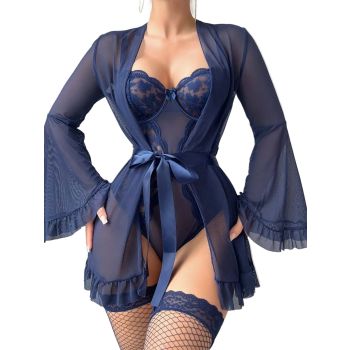 House Of Dasein Lace One Piece Sleepwear Flare Sleeve Sexy Belted Lingerie Set With Stockings For Women - Navy Blue - L