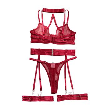 Necklace Bra Set Ultra Thin Mesh Transparent Sexy Strap Metal Buckle Tempting Lingerie - Wine Red - Xl