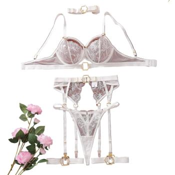 House Of Dasein Metal Buckle Embroidery Mesh Splicing Heavy Duty Erotic Lingerie Five Piece Set - White - S