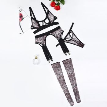 House Of Dasein Sexy Leopard Print Erotic Mesh See Through Shaping Underwear Four Piece Set - M - Black Leopard Pattern Color