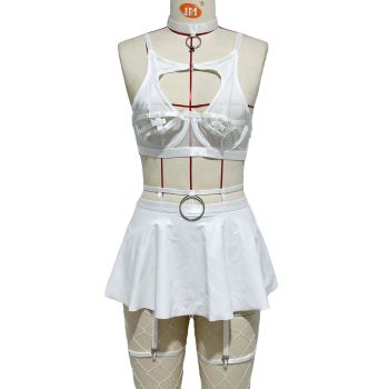 House Of Dasein Lace Sexy Lingerie Set Bra Solid Color Leather Skirt With Fishnet Stockings Women's - White - S