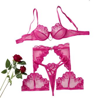 House Of Dasein Love Embroidery Perspective Mesh Sexy Lingerie Thong Set - Rose Red - M
