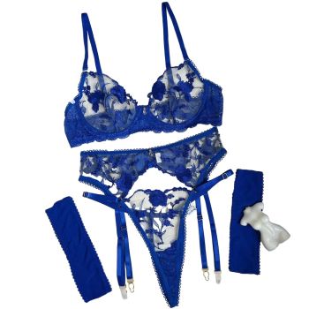 House Of Dasein Embroidered Patchwork Lace Straps For Fun Lingerie Set - Blue - S