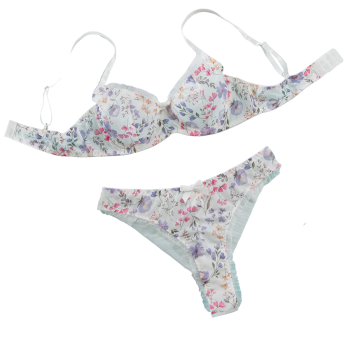 House Of Dasein Sexy Mesh Heart Print Bra Set Ultra Thin Comfortable Tempting Lingerie Two Piece - White Flower - M