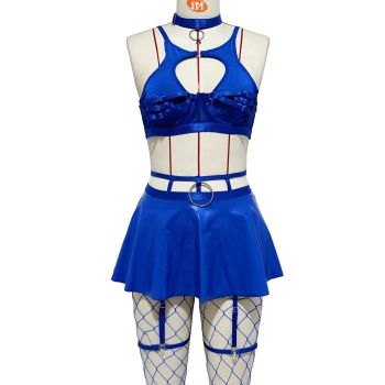 House Of Dasein Lace Sexy Lingerie Set Bra Solid Color Leather Skirt With Fishnet Stockings Women's - Blue - S