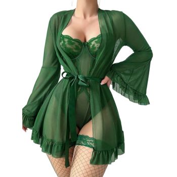House Of Dasein Lace One Piece Sleepwear Flare Sleeve Sexy Belted Lingerie Set With Stockings For Women - Dark Green - L