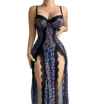 House Of Dasein Sexy Transparent Leopard Print Nightgown And Lingerie Set - Blue - Xl