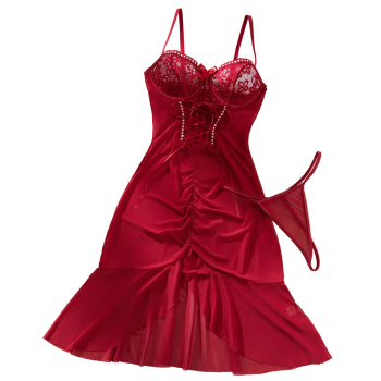 House Of Dasein Cross Border Sexy Lace Transparent Temptation Ultra Thin Mesh Dress And Thong Set - Wine Red - S