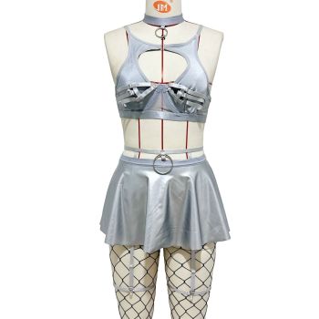 House Of Dasein Lace Sexy Lingerie Set Bra Solid Color Leather Skirt With Fishnet Stockings Women's - Silver - M