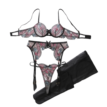 House Of Dasein Color Blocked Floral Embroidery Pure Desire Perspective Shaping Sexy Lingerie Split Set - Black Pink - L