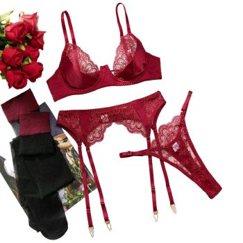 House Of Dasein Heavy Embroidery Sexy Hollow Out Transparent Splicing Lingerie Set With Stockings For Women - Wine Red - M