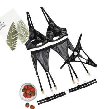 House Of Dasein Hollow Out Backless Transparent Sexy Lingerie Garter Belt Four Piece Set - Black - S