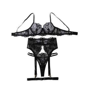House Of Dasein Embroidered Lace Perspective Gathering Slimming And Shaping Sexy Lingerie Set With Steel Ring - Black - S