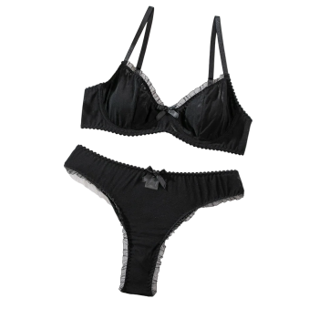 House Of Dasein Sexy Mesh Heart Print Bra Set Ultra Thin Comfortable Tempting Lingerie Two Piece - Black - Xl