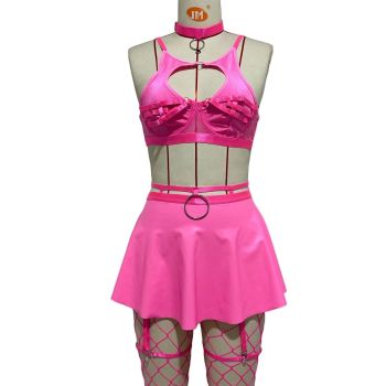 House Of Dasein Lace Sexy Lingerie Set Bra Solid Color Leather Skirt With Fishnet Stockings Women's - Pink - S