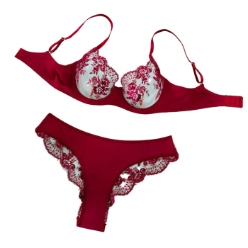 Sexy Embroidered Bra Underwear Ultra Thin Mesh Splicing Large Chest Minimizer Women's Transparent Two Piece Set - Wine Red - S