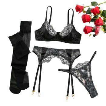 House Of Dasein Heavy Embroidery Sexy Hollow Out Transparent Splicing Lingerie Set With Stockings For Women - Black - M
