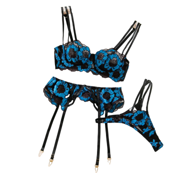 House Of Dasein Sexy Sheer Lace Embroidered Hollow-Out Shapewear Erotic Lingerie Garter Belt Three-Piece Set - Blue - Xl