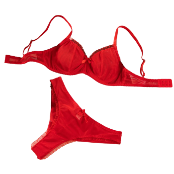 House Of Dasein Sexy Mesh Heart Print Bra Set Ultra Thin Comfortable Tempting Lingerie Two Piece - Red - S