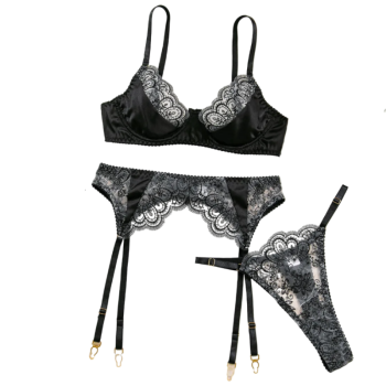 House Of Dasein Sexy Embroidered Lace Bra Underwear Hollow Out Three Piece Backless Women's Lingerie With Silk Stockings - Black - Xl