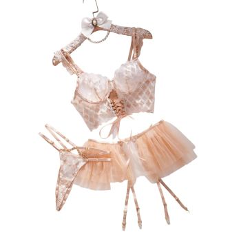 House Of Dasein Lingge Embroidery Sexy Strap Mesh Puff Skirt Underwear Set - M