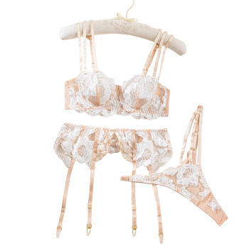 House Of Dasein Sexy Sheer Lace Embroidered Hollow-Out Shapewear Erotic Lingerie Garter Belt Three-Piece Set - White - S