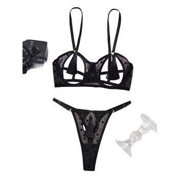 House Of Dasein Love Perspective Mesh Sexy Tassel Fun Hollow Underwear Two Piece Set For Women - Black - L