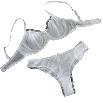 House Of Dasein Sexy Mesh Heart Print Bra Set Ultra Thin Comfortable Tempting Lingerie Two Piece - White - S