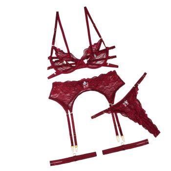 House Of Dasein Waterdrop Diamond Grain Sexy Lace Hollow Underwear Set With Steel Rim - Wine Red - M