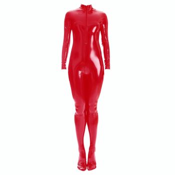 Sexy Shiny Full Body Patent Leather Open Crotch Catsuits Bodysuits - Shiny Red - M