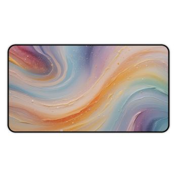 Story Nest Books Pastel Rainbow Desk Mat | Soft Aesthetic Mouse Pad Abstract Paint Swirl Fairycore Cottagecore Office Decor - 12" Ã— 22"
