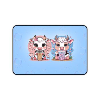 Story Nest Books Cow Desk Mat With Bubble Tea Cute Pastel Decor For Lovers Gamers Students Best Friend Gift Mouse Pad - 12" Ã— 18"