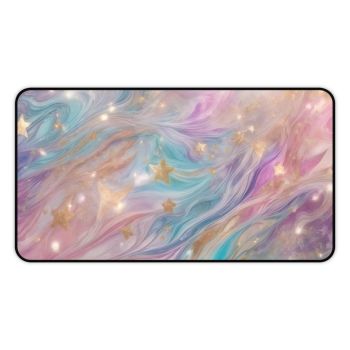 Story Nest Books Cosmic Pastel Desk Mat With Shimmer Stars | Magical Rainbow Marble Mousepad For Workspaces & Gaming - 12" Ã— 22"
